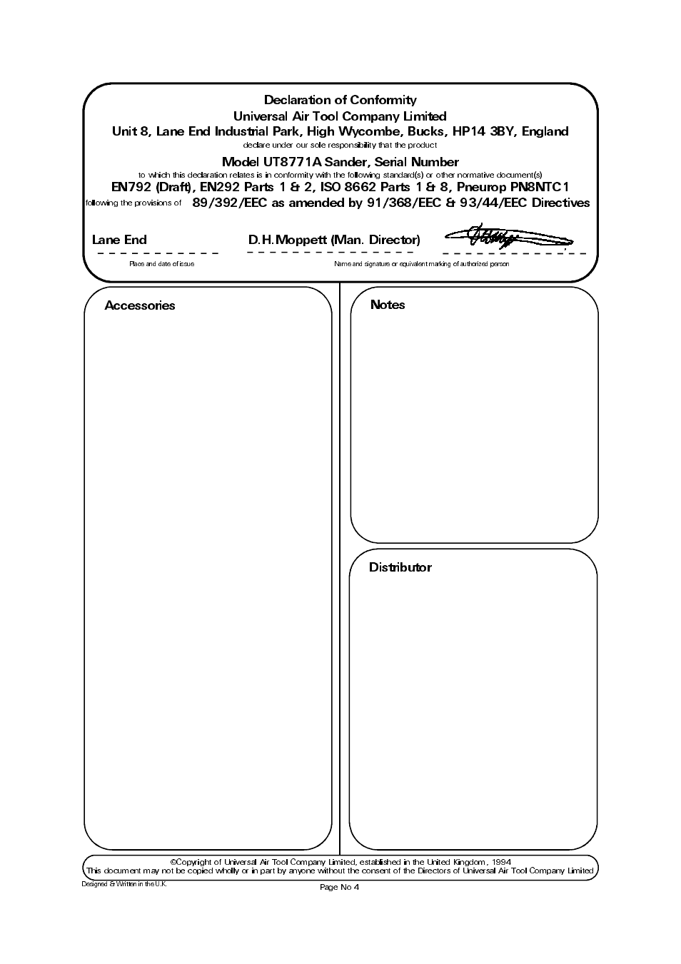 Model ut8771a sander, serial number, Lane end d.h.moppett (man. director) accessories | Universal Air Tools UT8771A User Manual | Page 4 / 4