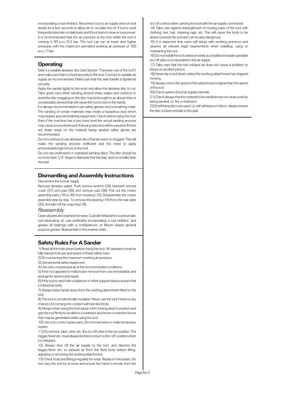 Operating, Dismantling and assembly instructions, Reassembly | Safety rules for a sander | Universal Air Tools UT8705-DC User Manual | Page 2 / 4