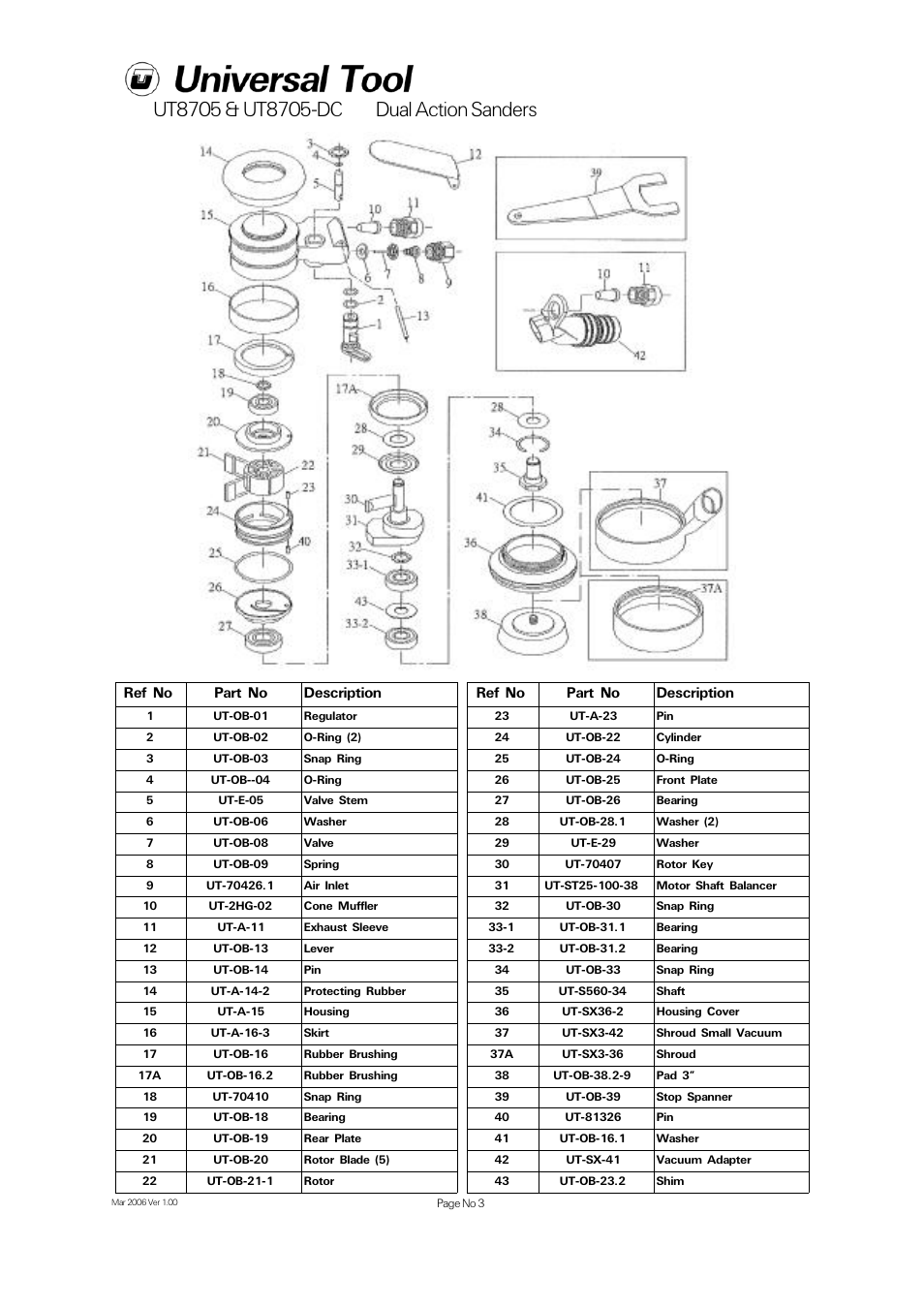 Ref no part no description | Universal Air Tools UT8705-DC User Manual | Page 3 / 4