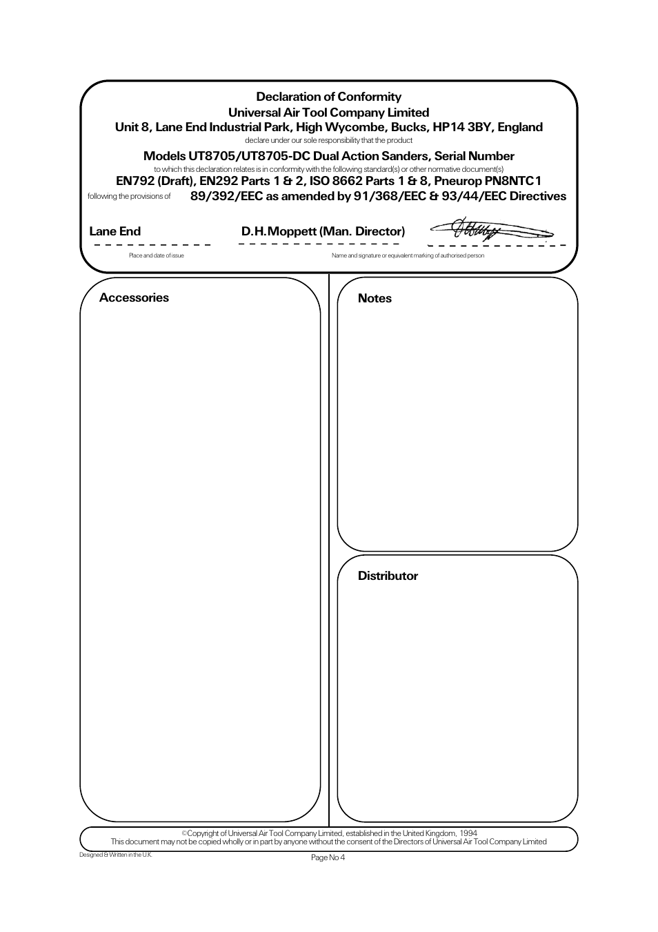 Lane end d.h.moppett (man. director), Distributor | Universal Air Tools UT8705-DC User Manual | Page 4 / 4