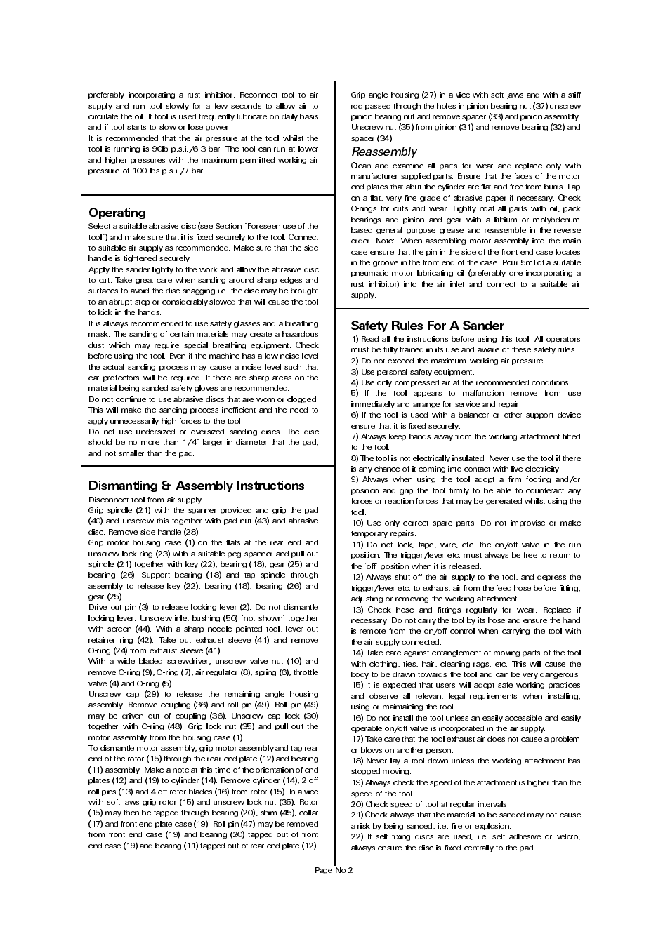 Operating, Dismantling & assembly instructions, Safety rules for a sander | Reassembly | Universal Air Tools UT8784 User Manual | Page 2 / 4