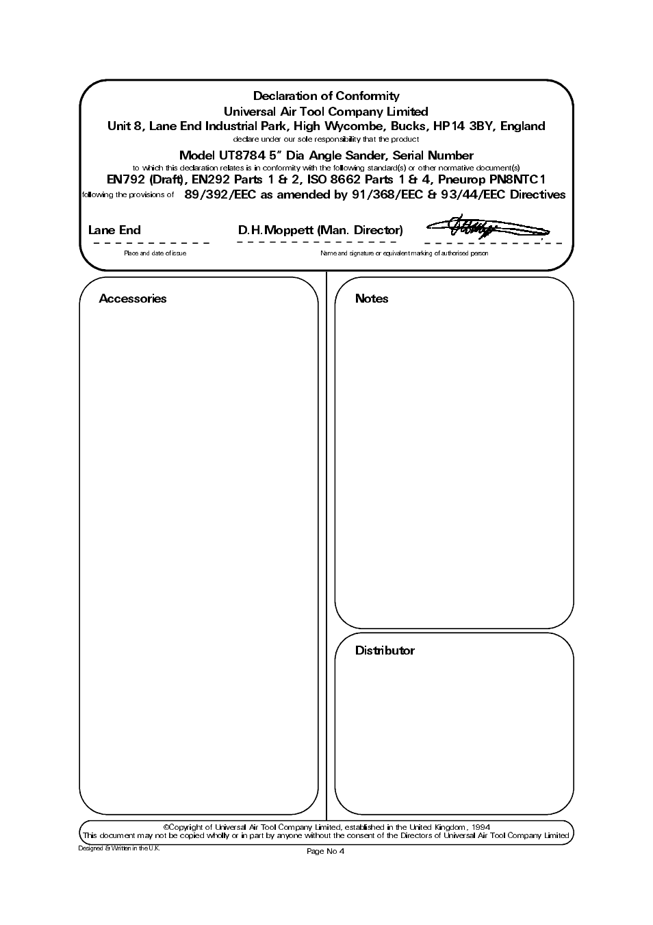 Lane end d.h.moppett (man. director) | Universal Air Tools UT8784 User Manual | Page 4 / 4