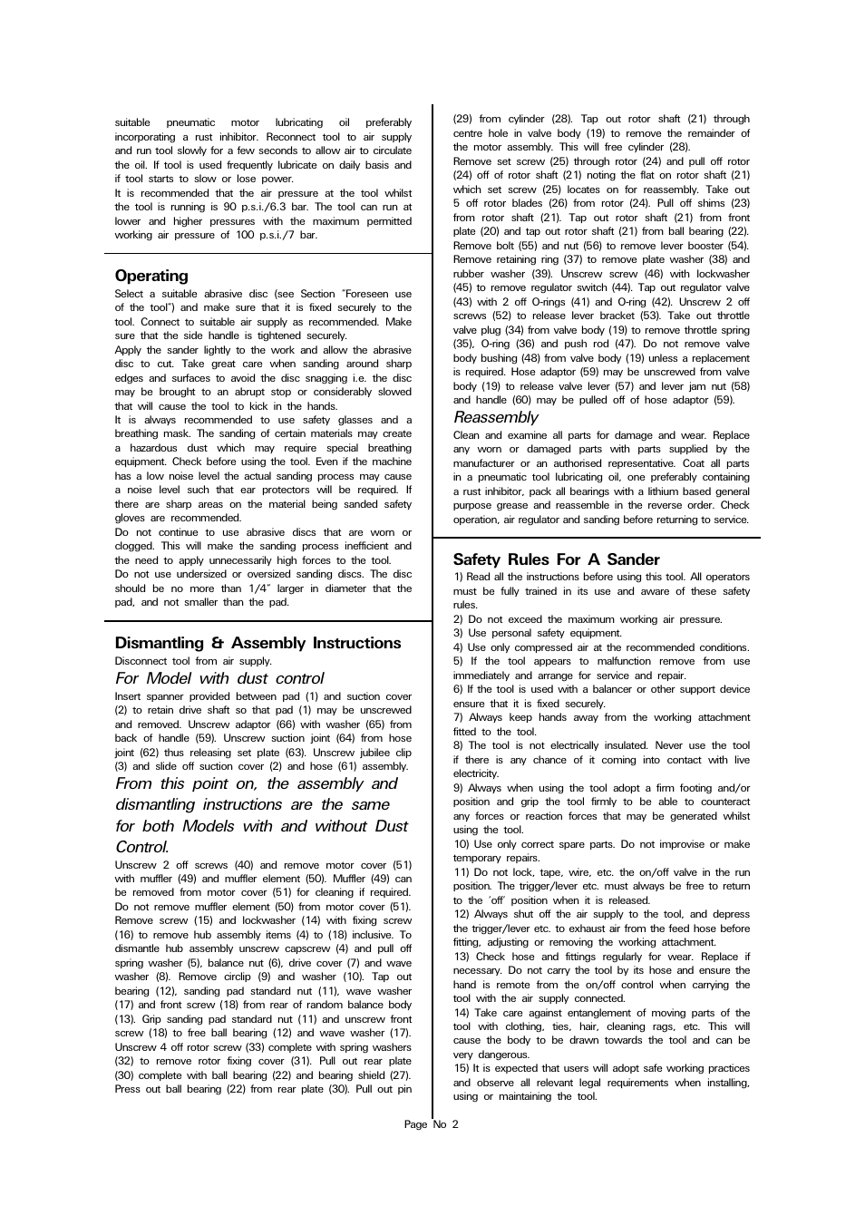 Safety rules for a sander, Operating, Dismantling & assembly instructions | For model with dust control, Reassembly | Universal Air Tools UT3DC User Manual | Page 2 / 4