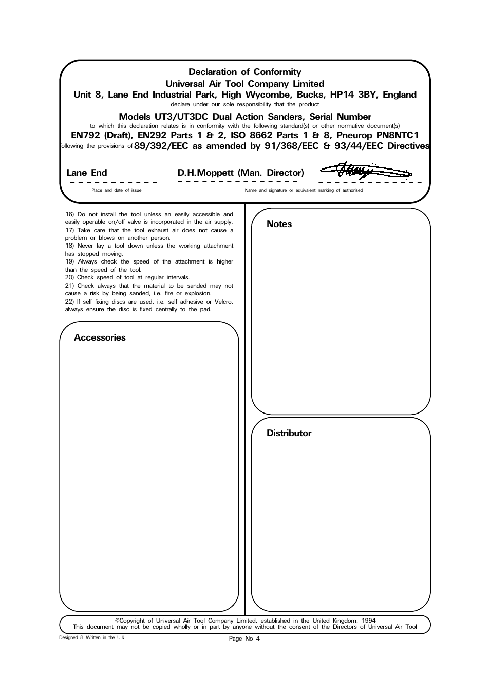 Lane end d.h.moppett (man. director), Distributor | Universal Air Tools UT3DC User Manual | Page 4 / 4