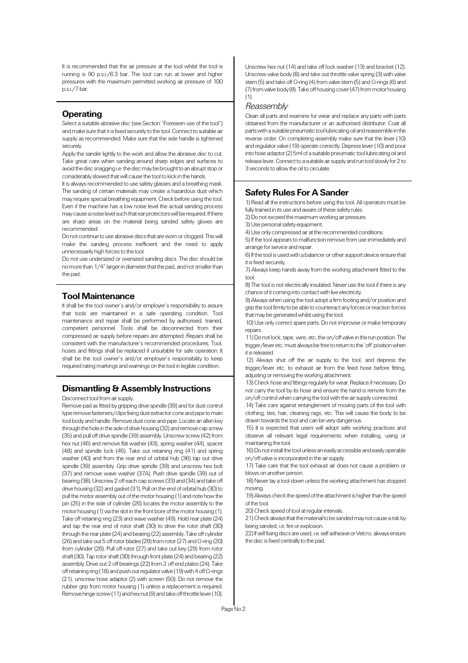 Operating, Tool maintenance, Dismantling & assembly instructions | Reassembly, Safety rules for a sander | Universal Air Tools UT8788DC User Manual | Page 2 / 4