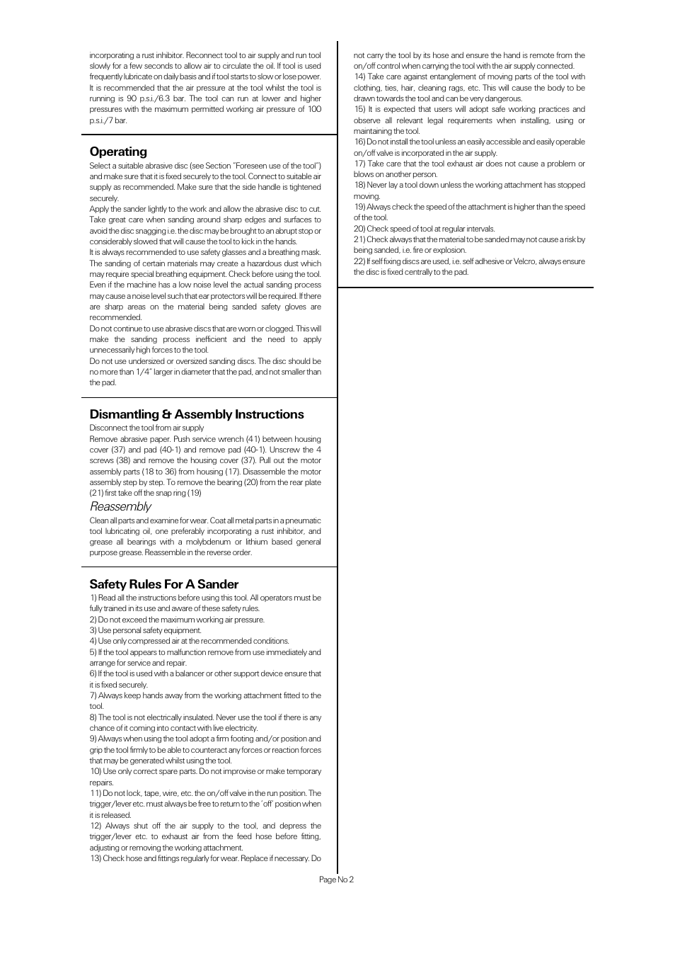 Operating, Dismantling & assembly instructions, Reassembly | Safety rules for a sander | Universal Air Tools UT8702/3 User Manual | Page 2 / 4