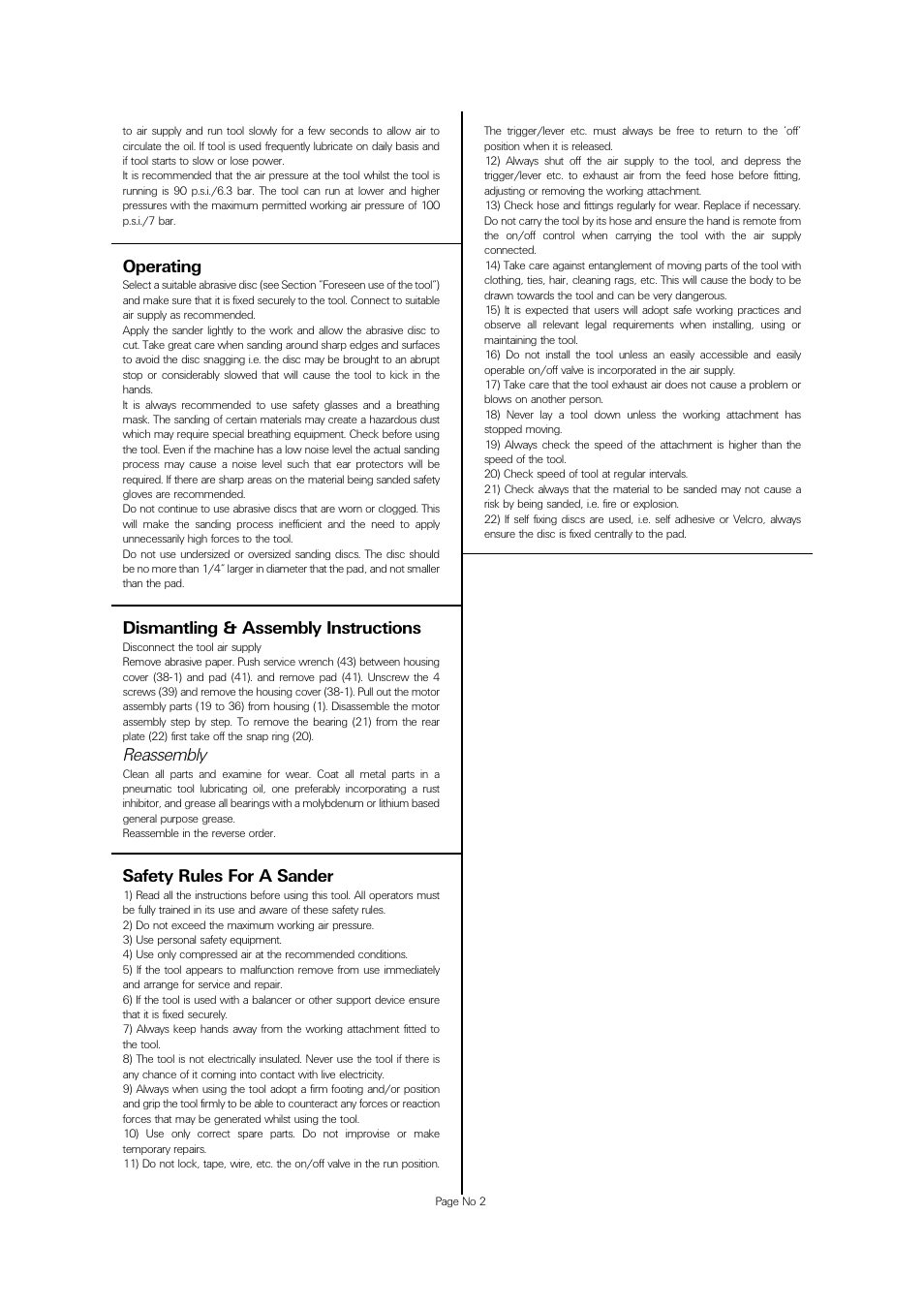 Safety rules for a sander, Operating, Dismantling & assembly instructions | Reassembly | Universal Air Tools UT8709-DC User Manual | Page 2 / 4