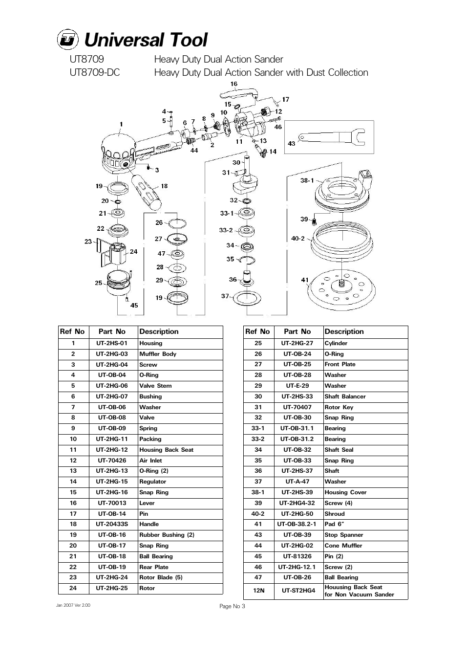 Ref no part no description | Universal Air Tools UT8709-DC User Manual | Page 3 / 4