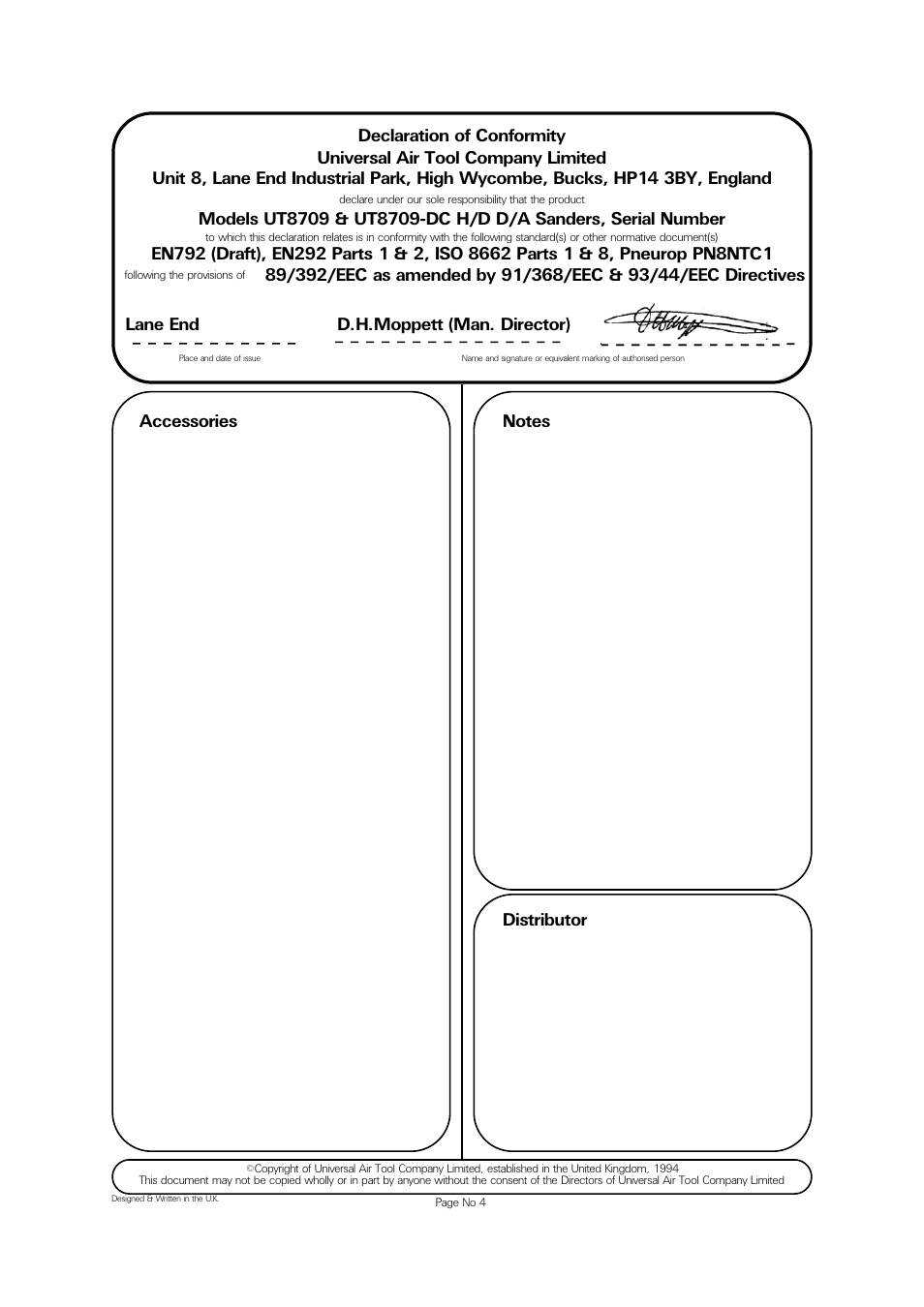 Lane end d.h.moppett (man. director) | Universal Air Tools UT8709-DC User Manual | Page 4 / 4