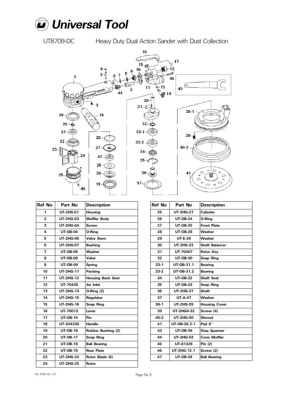 Ref no part no description | Universal Air Tools UT8709-DC 150mm User Manual | Page 3 / 4