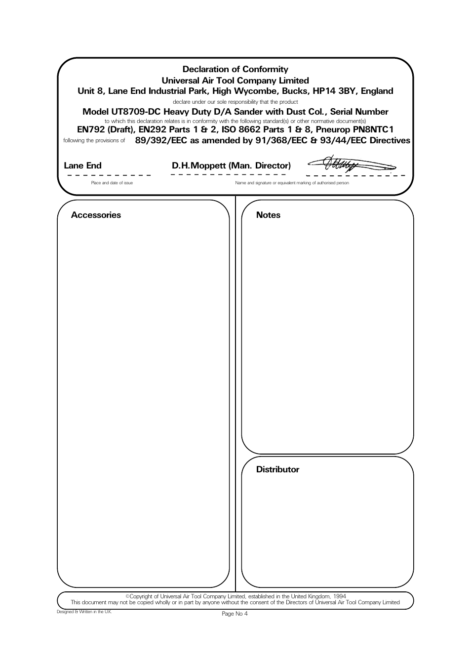 Lane end d.h.moppett (man. director) | Universal Air Tools UT8709-DC 150mm User Manual | Page 4 / 4