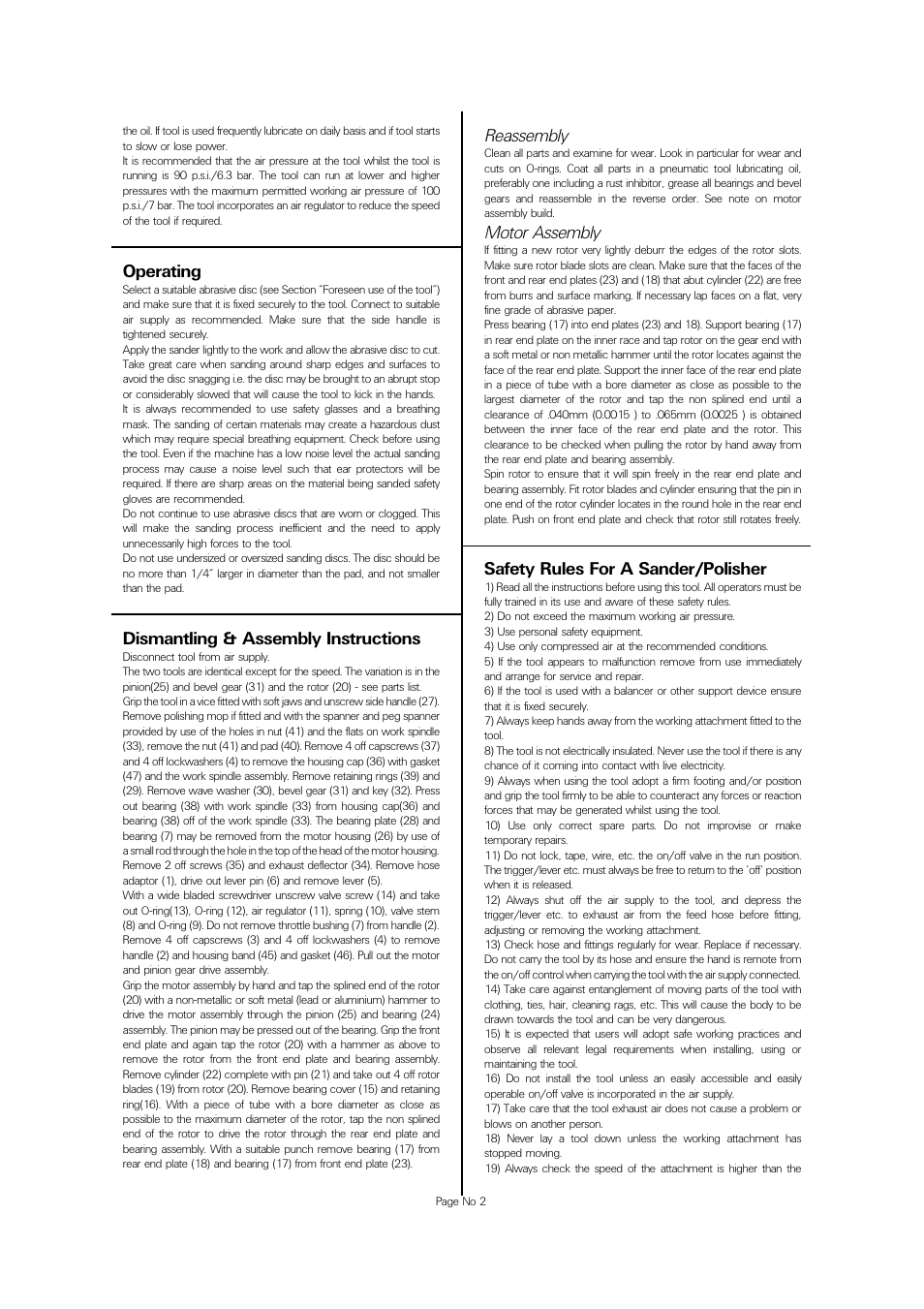 Operating, Dismantling & assembly instructions, Reassembly | Motor assembly, Safety rules for a sander/polisher | Universal Air Tools UT8752 User Manual | Page 2 / 4