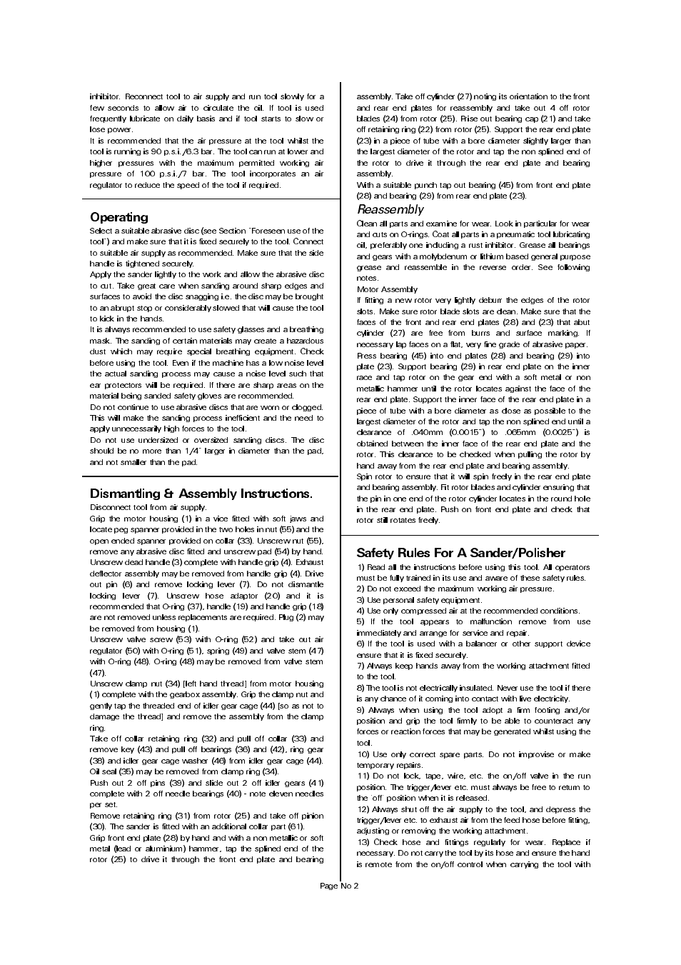 Dismantling & assembly instructions, Safety rules for a sander/polisher, Reassembly | Universal Air Tools UT8744 User Manual | Page 2 / 4