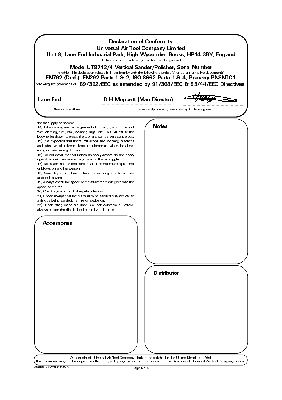 Accessories, Lane end d.h.moppett (man director) | Universal Air Tools UT8744 User Manual | Page 4 / 4