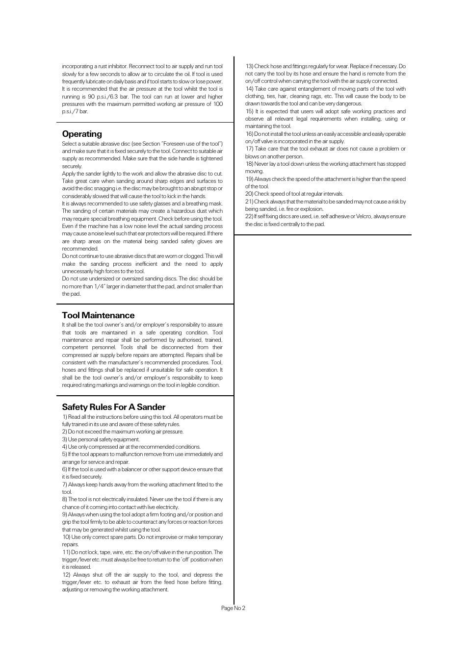 Operating, Tool maintenance, Safety rules for a sander | Universal Air Tools UT5702 User Manual | Page 2 / 4