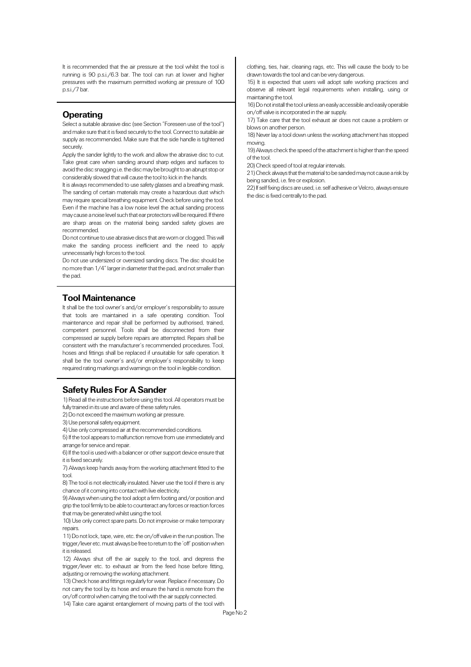 Operating, Safety rules for a sander, Tool maintenance | Universal Air Tools UT8708 User Manual | Page 2 / 4