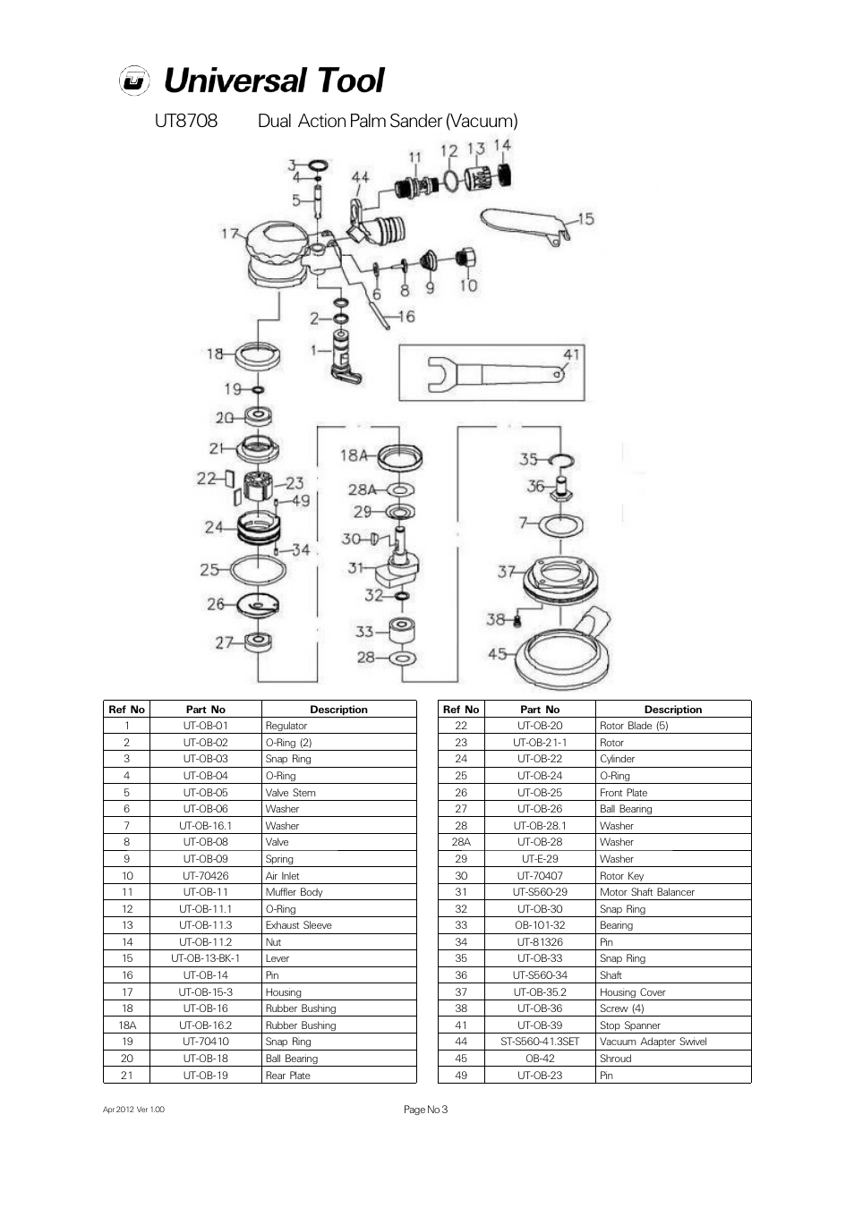 Ut8708 dual action palm sander (vacuum) | Universal Air Tools UT8708 User Manual | Page 3 / 4