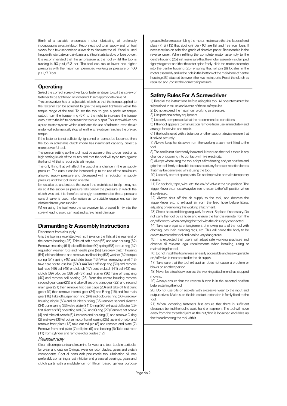 Operating, Dismantling & assembly instructions, Reassembly | Safety rules for a screwdriver | Universal Air Tools UT8905 User Manual | Page 2 / 4