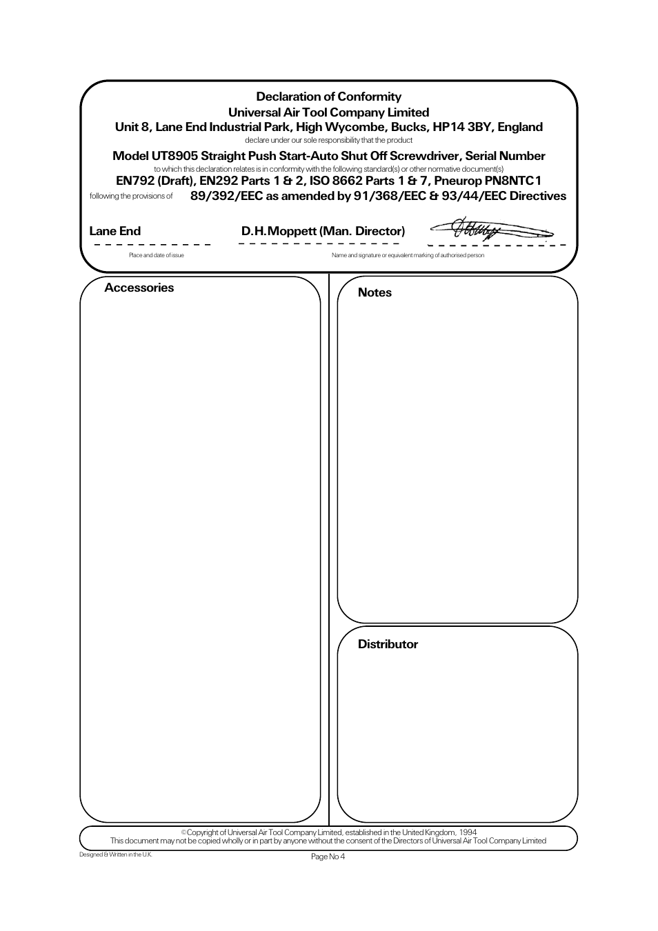 Lane end d.h.moppett (man. director) | Universal Air Tools UT8905 User Manual | Page 4 / 4