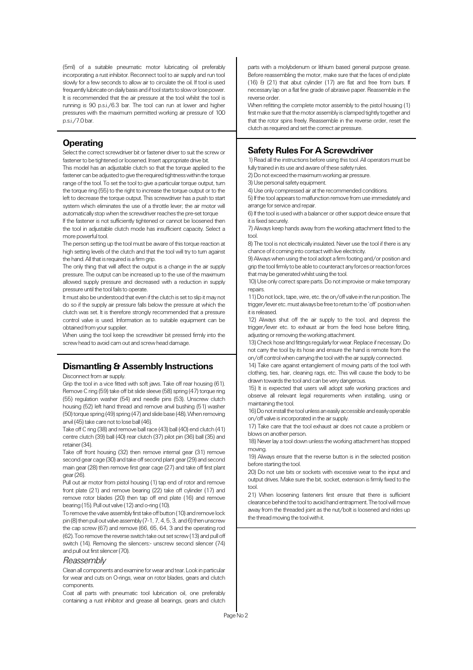 Operating, Dismantling & assembly instructions, Reassembly | Safety rules for a screwdriver | Universal Air Tools UT8959 User Manual | Page 2 / 4