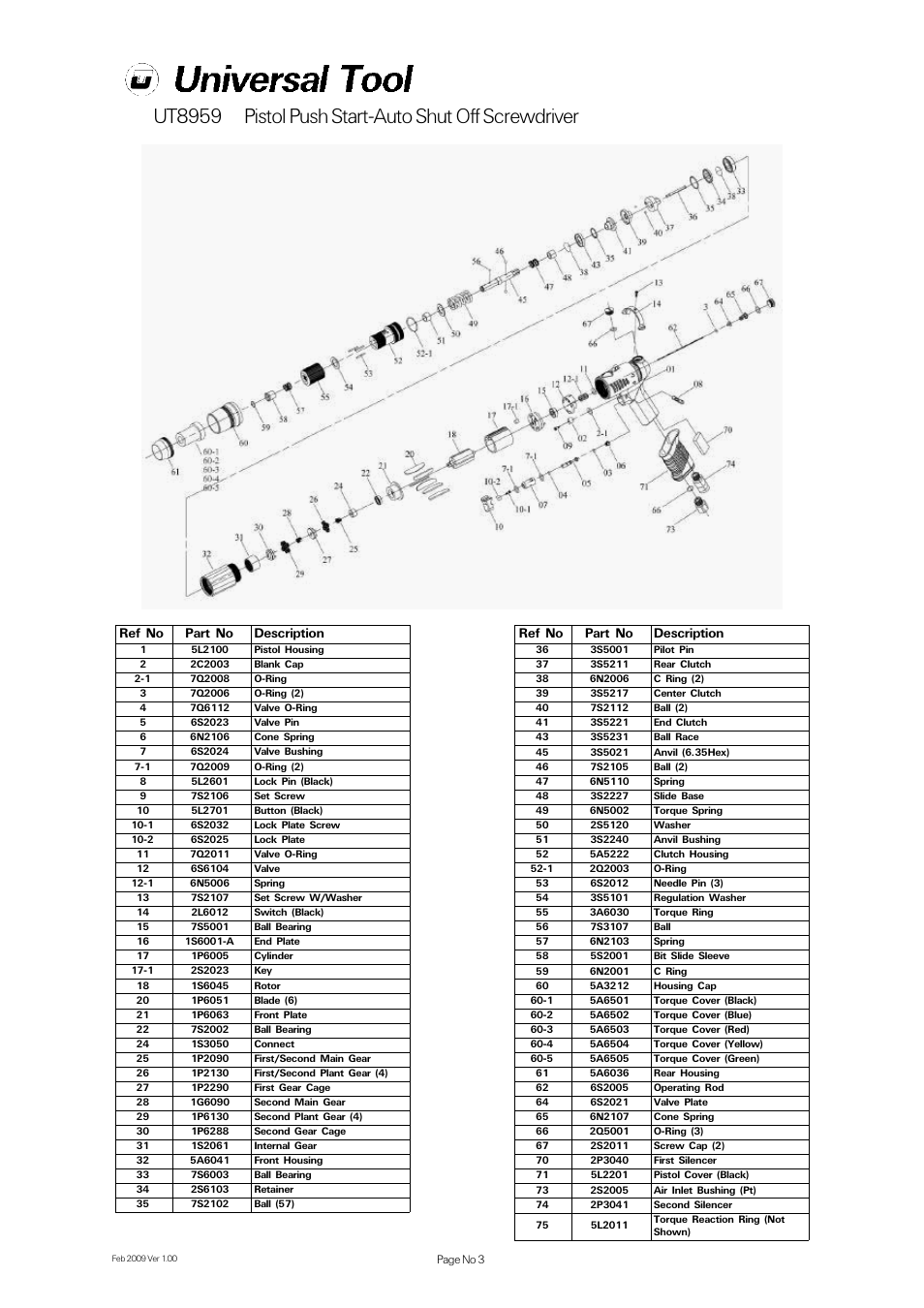 Ut8959, Pistol push start-auto shut off screwdriver | Universal Air Tools UT8959 User Manual | Page 3 / 4