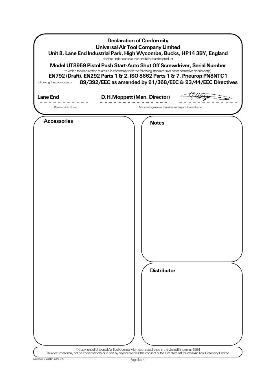 Lane end d.h.moppett (man. director) | Universal Air Tools UT8959 User Manual | Page 4 / 4