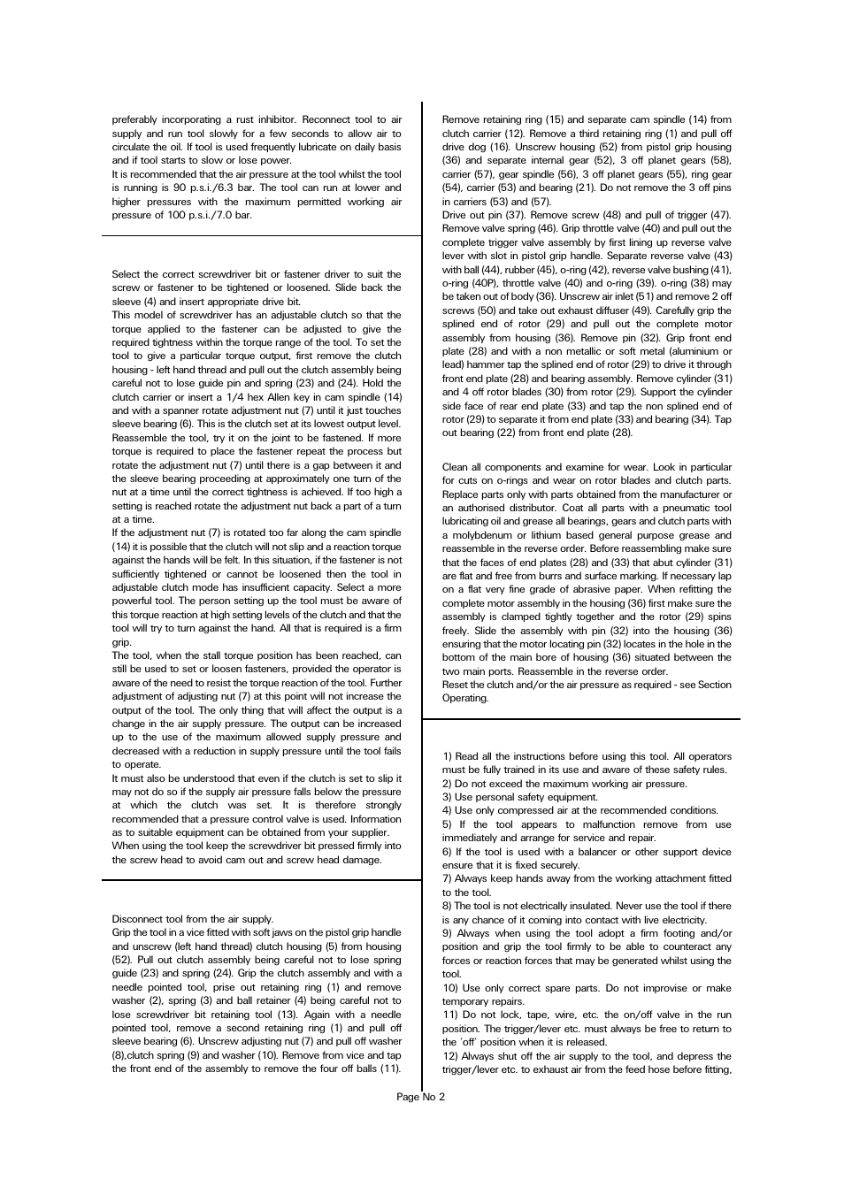 Operating, Dismantling & assembly instructions, Reassembly | Safety rules for a screwdriver | Universal Air Tools UT5969 User Manual | Page 2 / 4