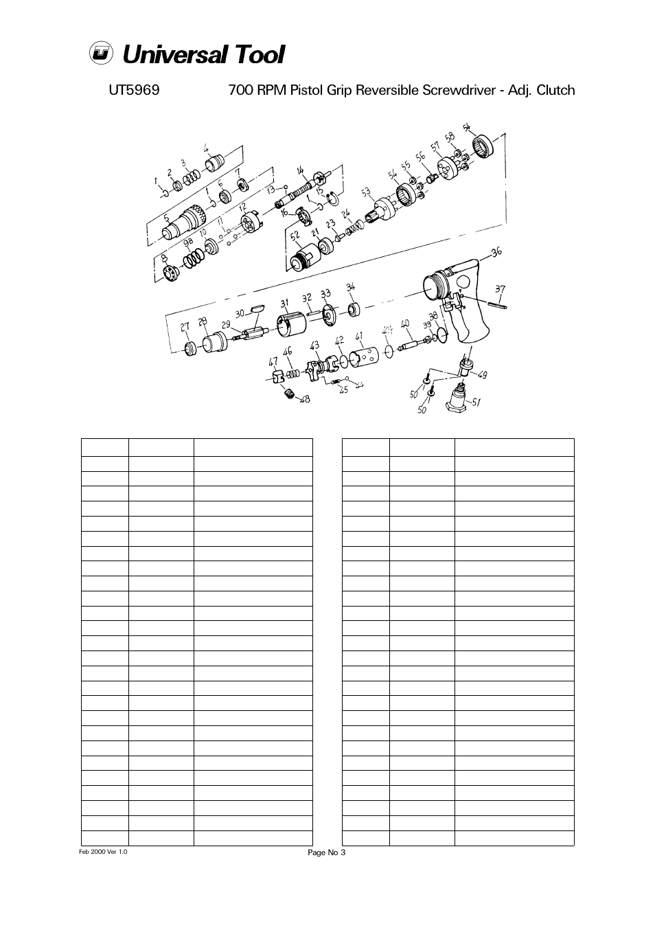 Ut5969, Ref no part no description | Universal Air Tools UT5969 User Manual | Page 3 / 4
