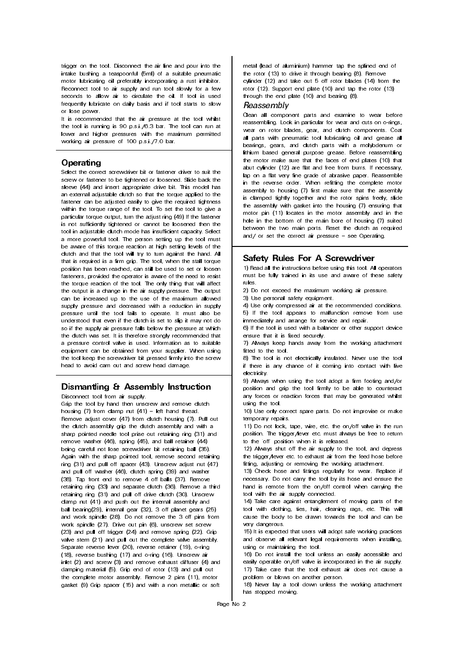 Dismantling & assembly instruction, Safety rules for a screwdriver, Reassembly | Universal Air Tools UT5964A User Manual | Page 2 / 4