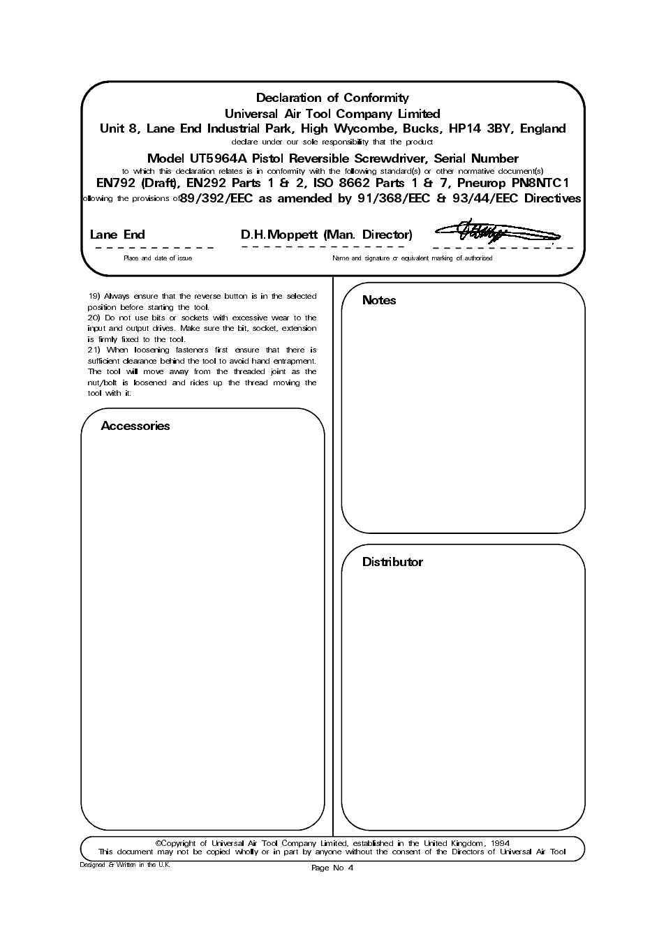 Accessories, Lane end d.h.moppett (man. director) | Universal Air Tools UT5964A User Manual | Page 4 / 4