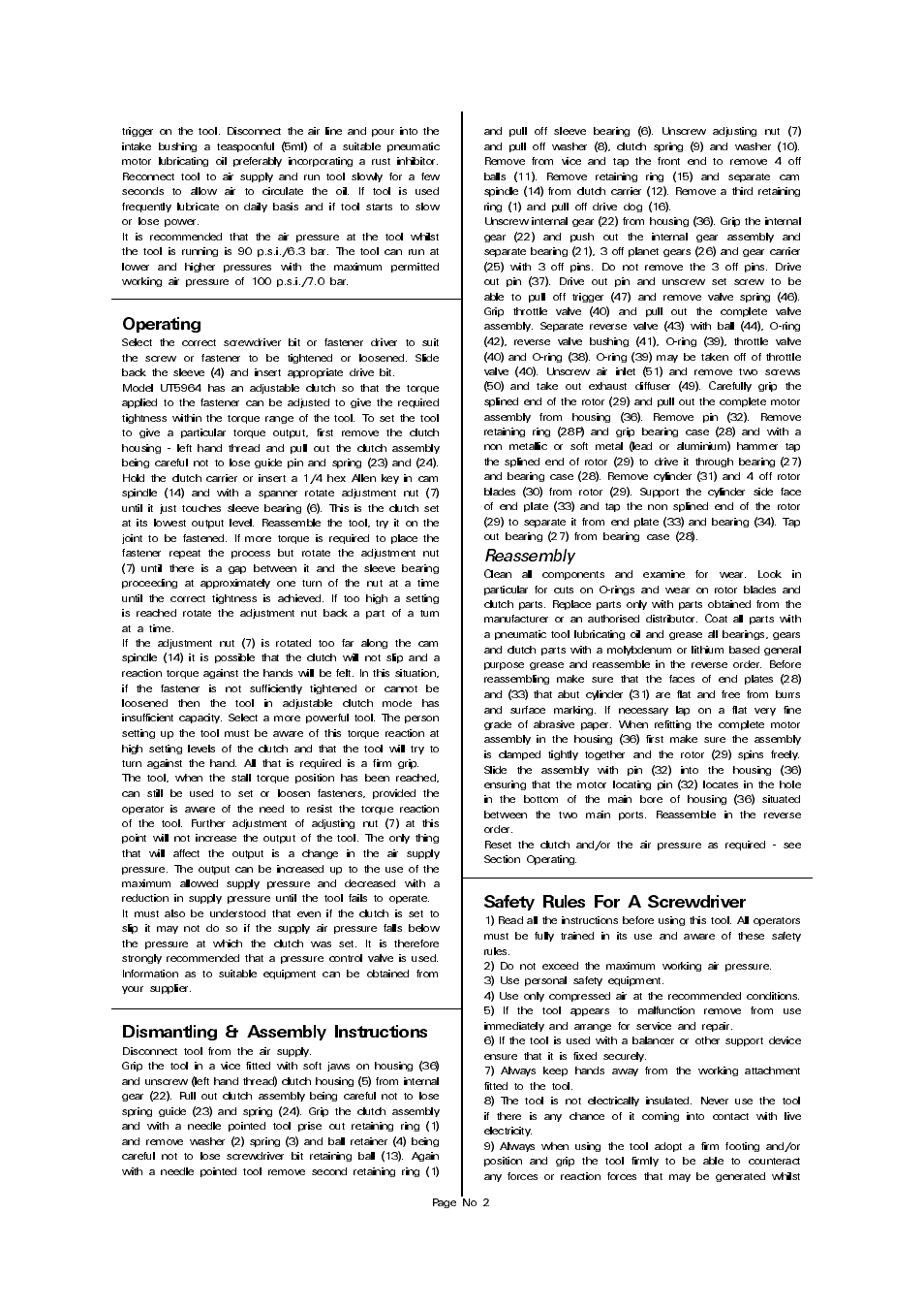 Dismantling & assembly instructions, Safety rules for a screwdriver, Reassembly | Universal Air Tools UT5964 User Manual | Page 2 / 4