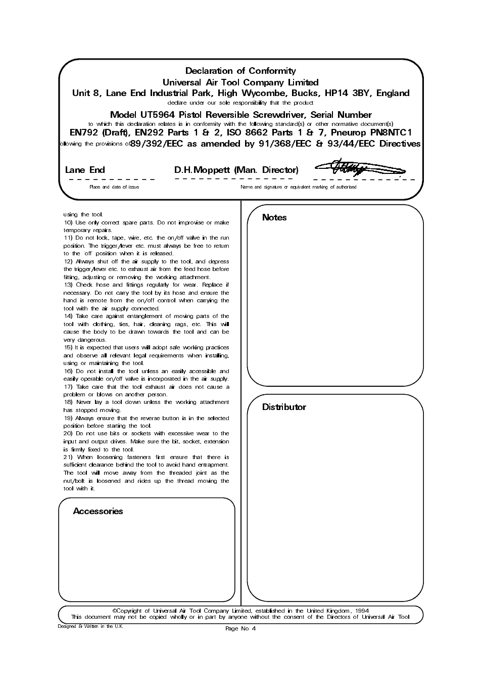 Accessories, Lane end d.h.moppett (man. director) | Universal Air Tools UT5964 User Manual | Page 4 / 4