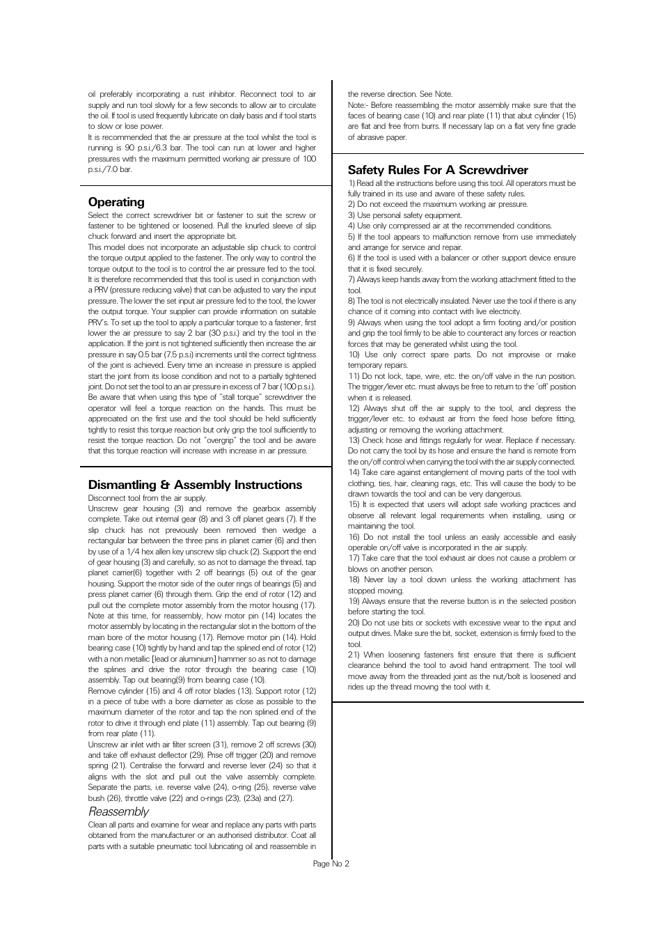 Safety rules for a screwdriver, Operating, Dismantling & assembly instructions | Reassembly | Universal Air Tools UT5825S User Manual | Page 2 / 4