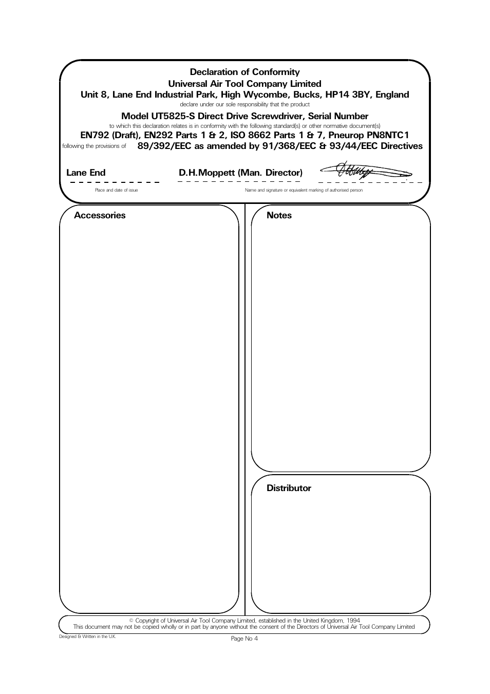 Lane end d.h.moppett (man. director) | Universal Air Tools UT5825S User Manual | Page 4 / 4