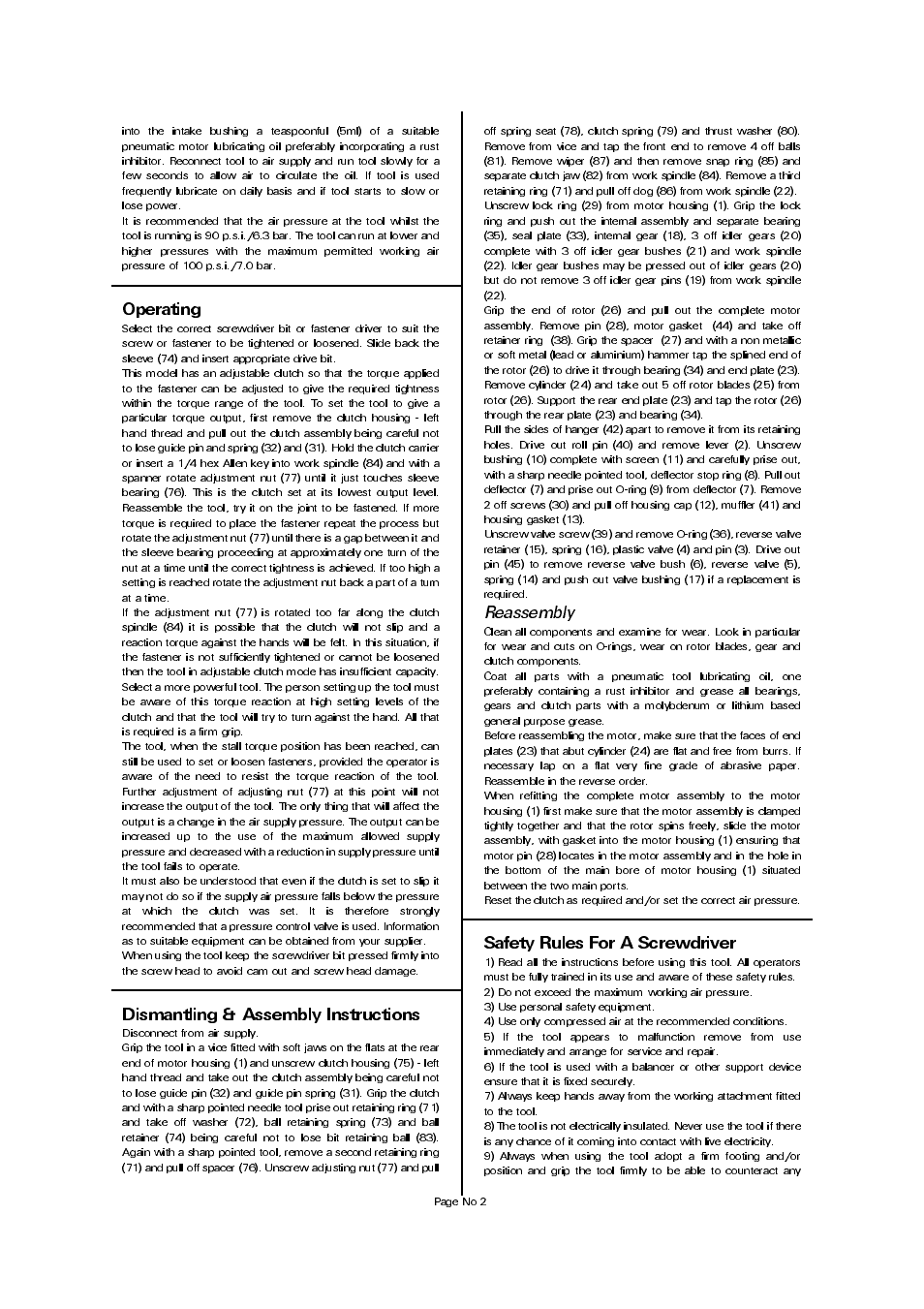 Dismantling & assembly instructions, Safety rules for a screwdriver, Reassembly | Universal Air Tools UT8955 User Manual | Page 2 / 4