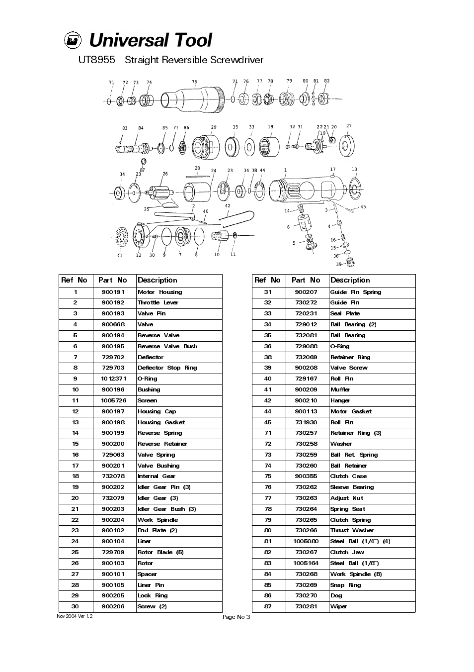 Ut8955, Straight reversible screwdriver, Page no 3 | Ref no part no description | Universal Air Tools UT8955 User Manual | Page 3 / 4