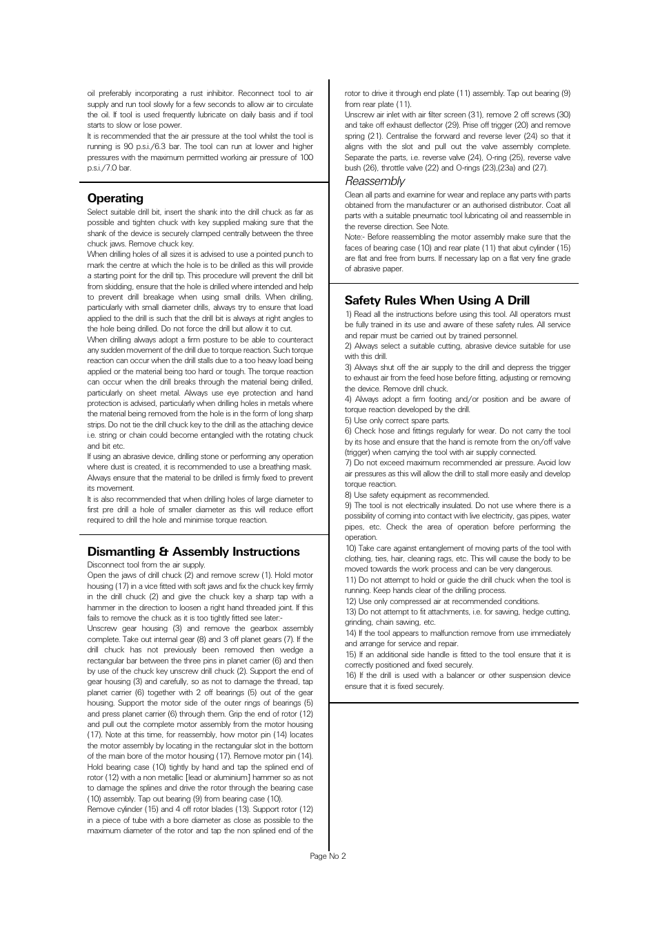 Operating, Dismantling & assembly instructions, Reassembly | Safety rules when using a drill | Universal Air Tools UT5825-K User Manual | Page 2 / 4