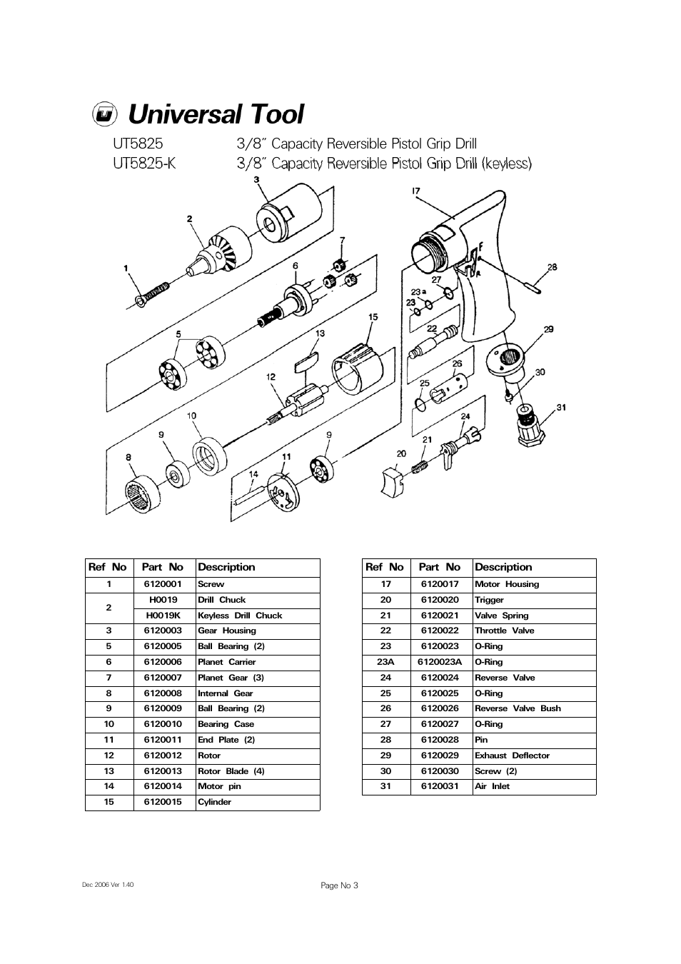 Ref no part no description | Universal Air Tools UT5825-K User Manual | Page 3 / 4