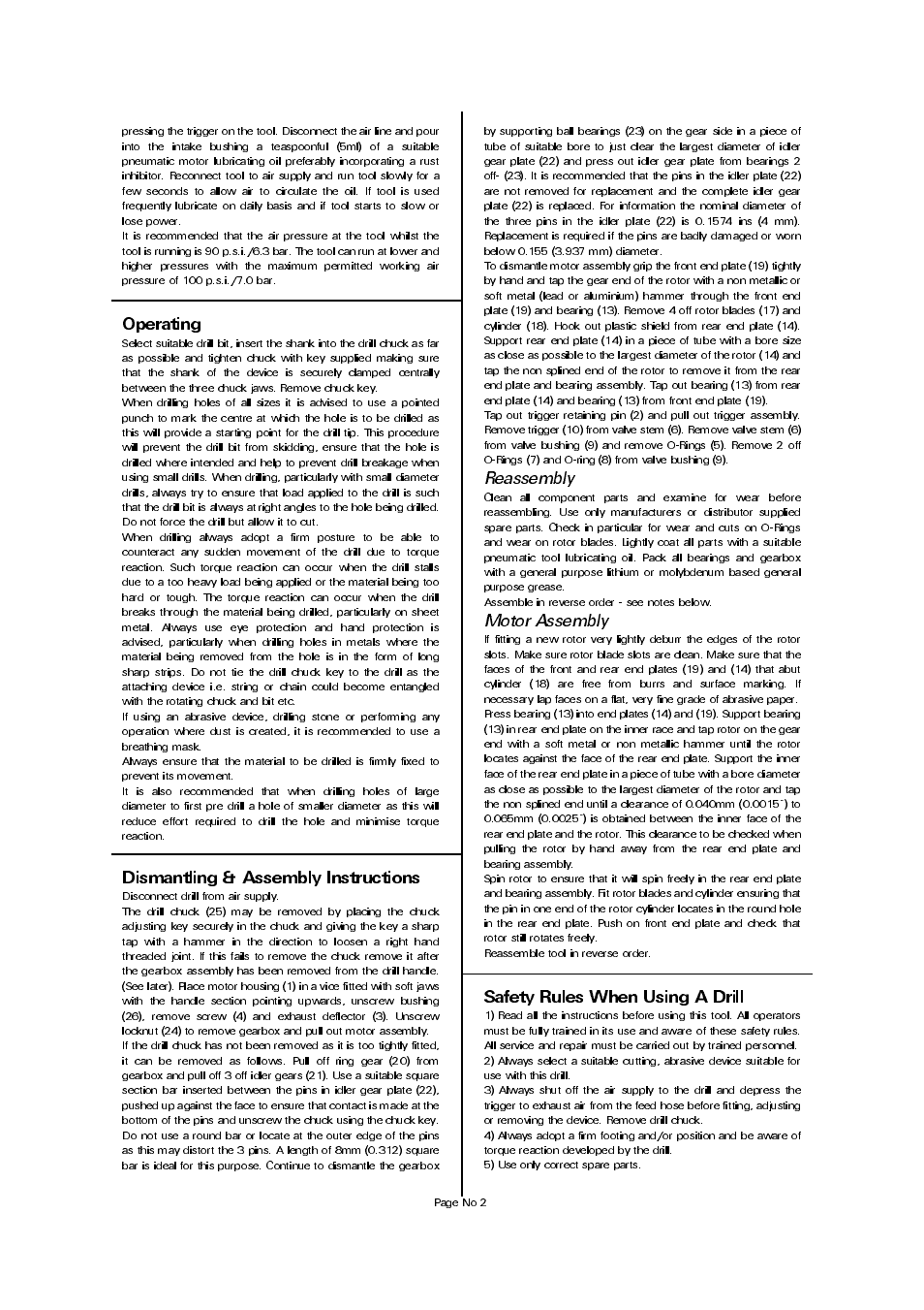 Dismantling & assembly instructions, Safety rules when using a drill, Reassembly | Motor assembly | Universal Air Tools UT8824 User Manual | Page 2 / 4