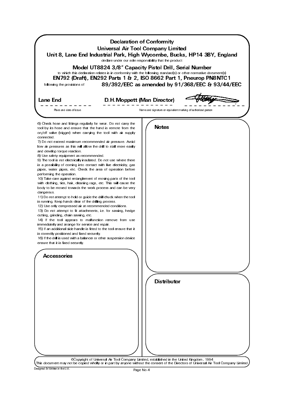 Accessories, Lane end d.h.moppett (man director) | Universal Air Tools UT8824 User Manual | Page 4 / 4