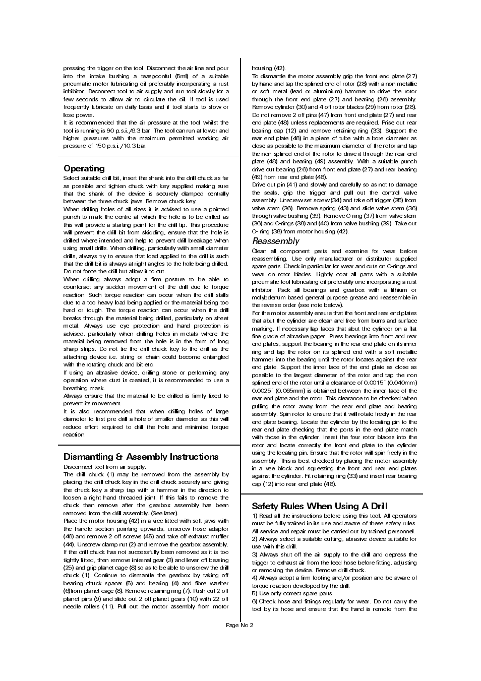 Dismantling & assembly instructions, Safety rules when using a drill, Operating | Reassembly | Universal Air Tools UT8830-1/2 (1/2 Cap) User Manual | Page 2 / 4