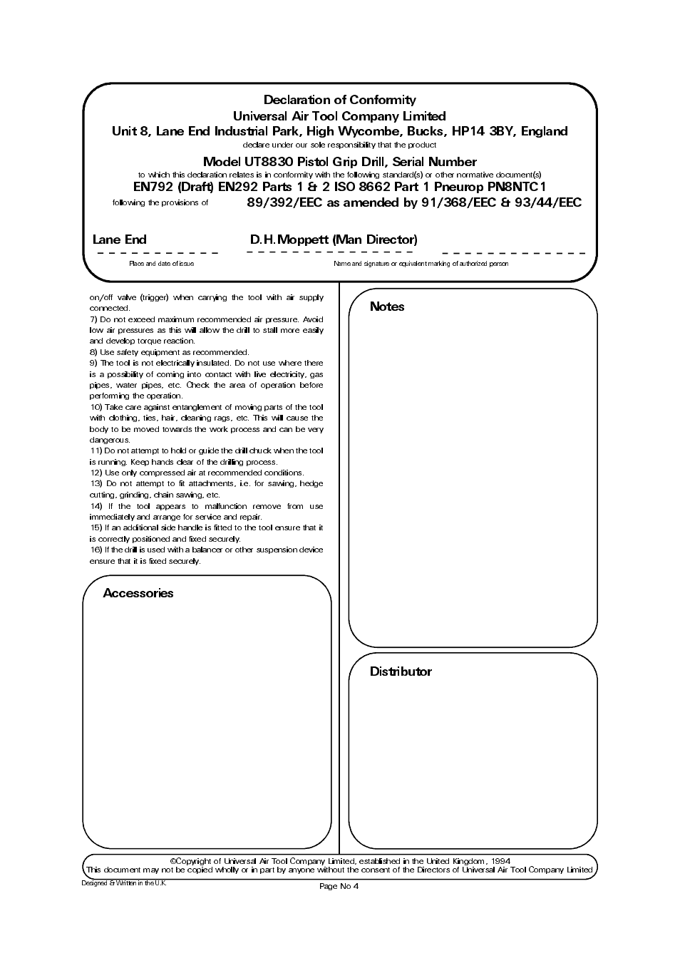 Accessories, Model ut8830 pistol grip drill, serial number, Lane end d.h.moppett (man director) | Universal Air Tools UT8830-1/2 (1/2 Cap) User Manual | Page 4 / 4