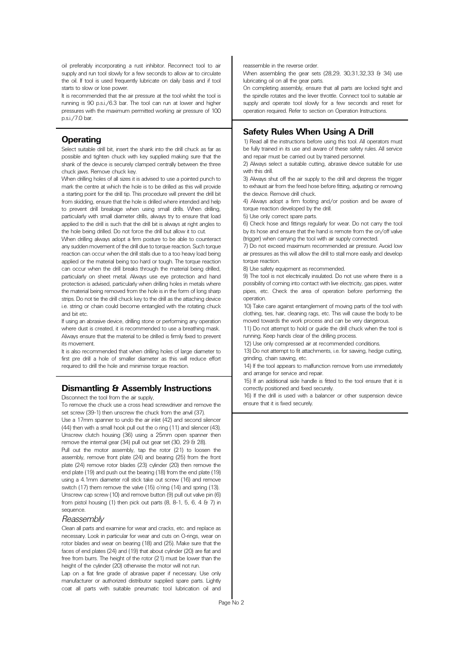 Operating, Dismantling & assembly instructions, Reassembly | Safety rules when using a drill | Universal Air Tools UT8817 User Manual | Page 2 / 4