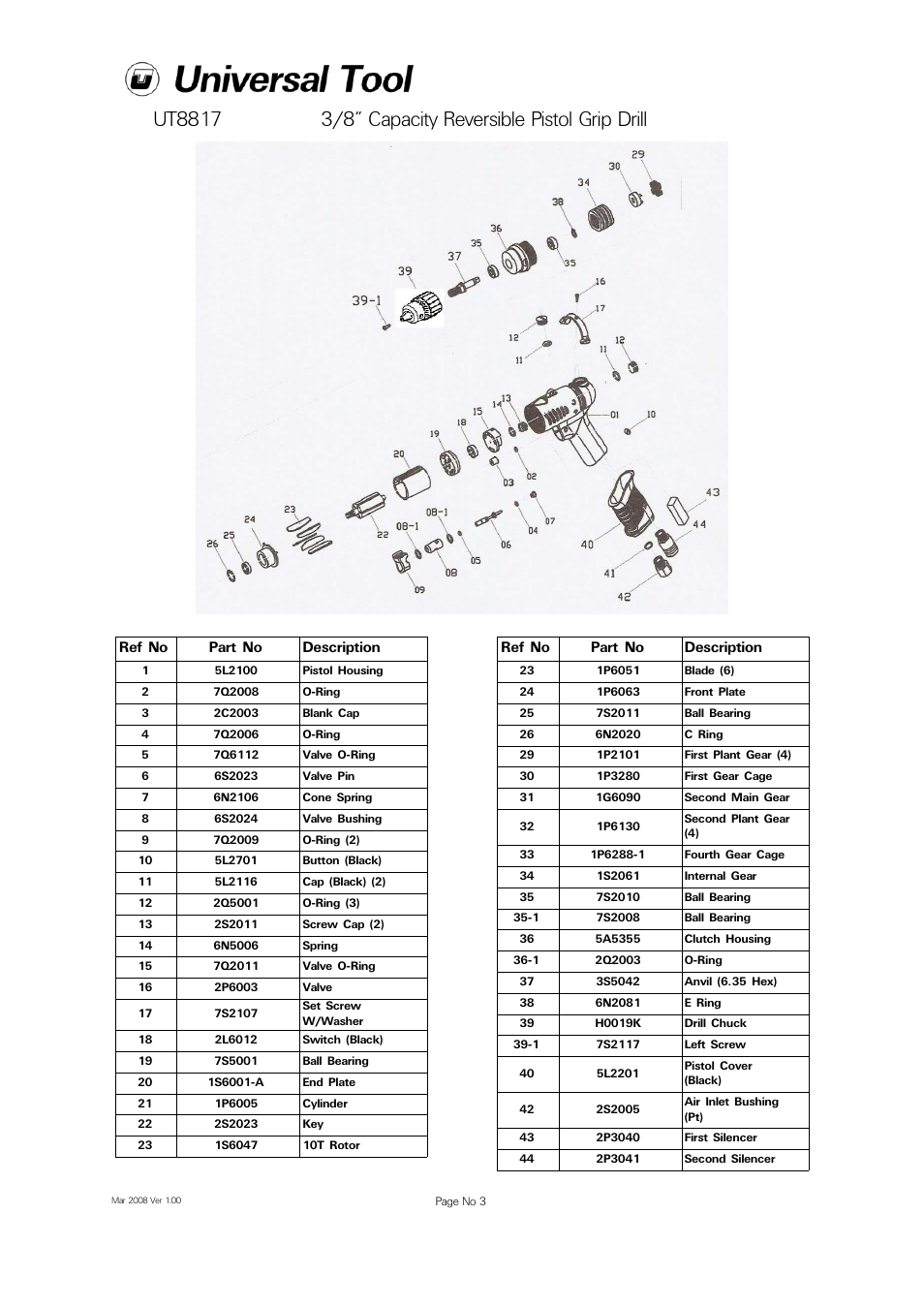 Ref no part no description | Universal Air Tools UT8817 User Manual | Page 3 / 4