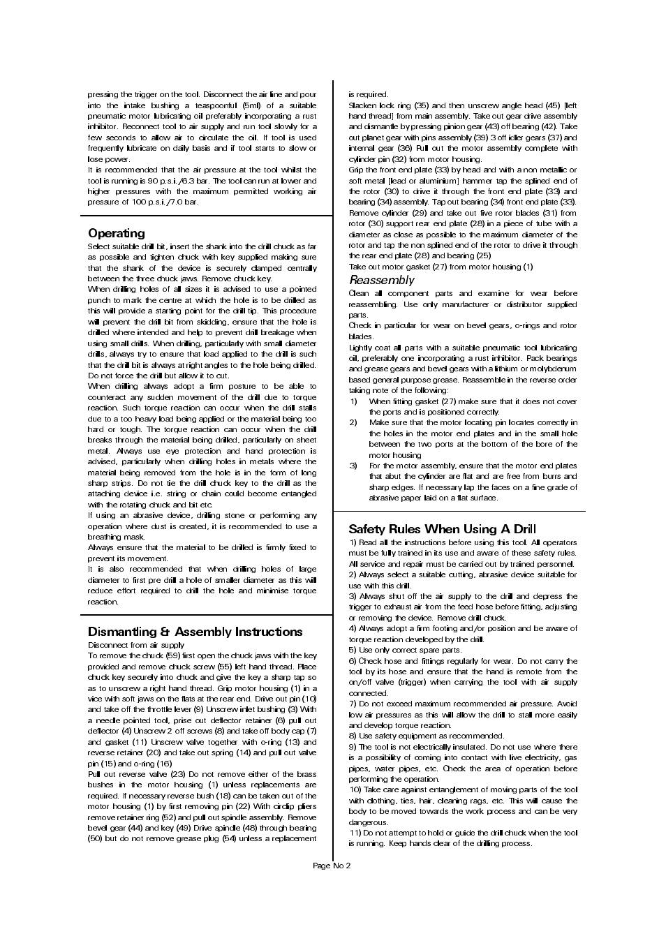 Operating, Dismantling & assembly instructions, Safety rules when using a drill | Reassembly | Universal Air Tools UT5807 User Manual | Page 2 / 4