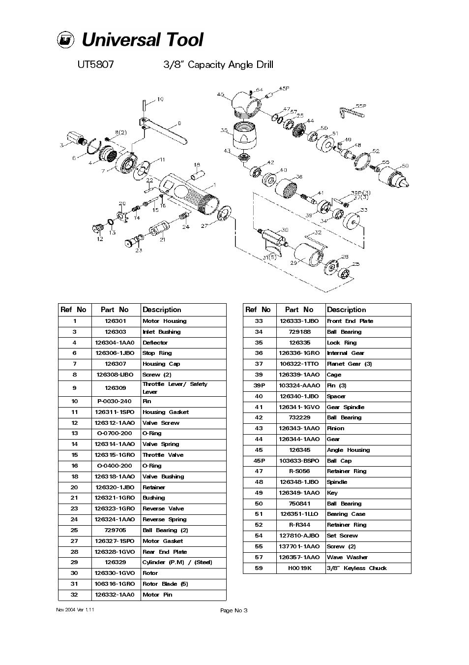 Page no 3, Ref no part no description | Universal Air Tools UT5807 User Manual | Page 3 / 4