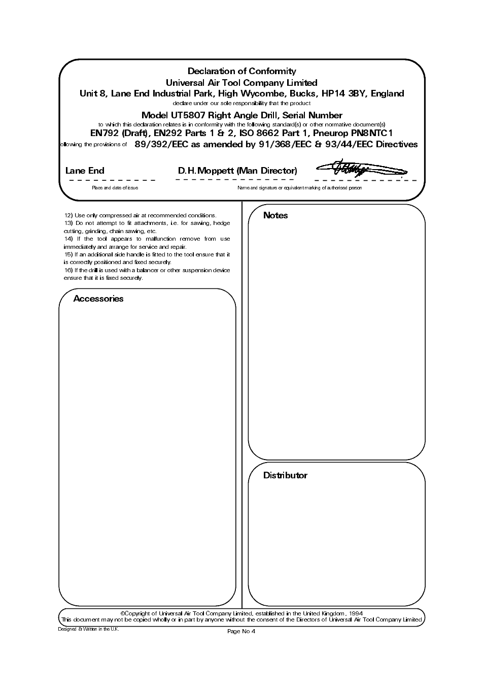 Accessories, Model ut5807 right angle drill, serial number, Lane end d.h.moppett (man director) | Universal Air Tools UT5807 User Manual | Page 4 / 4