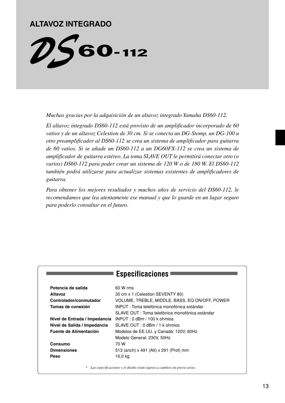 Manual del ustario, Manual del usuario, Especificaciones | Altavoz integrado | Yamaha DS60-112 User Manual | Page 13 / 22