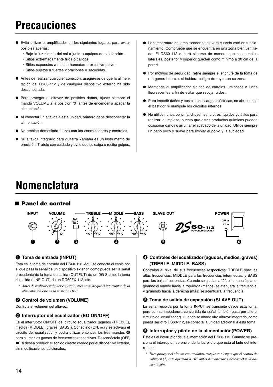 Precauciones, Nomenclatura, Panel de control | Yamaha DS60-112 User Manual | Page 14 / 22