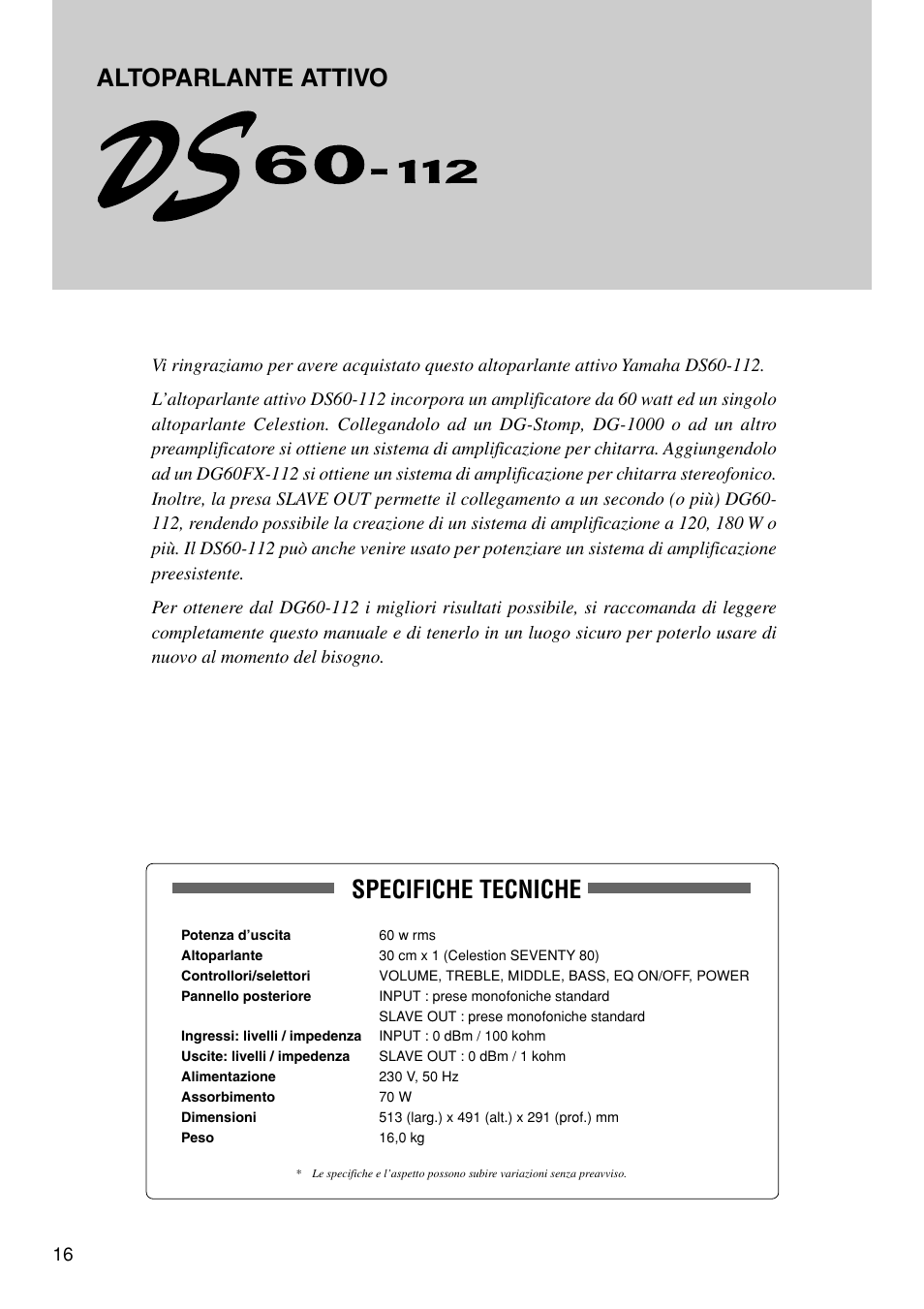 Manuale di istruzioni, Specifiche tecniche, Altoparlante attivo | Yamaha DS60-112 User Manual | Page 16 / 22